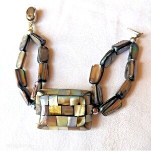 Vintage Mother of Pearl Abalone Paua Shell Beaded Mosaic Bracelet 7.5"